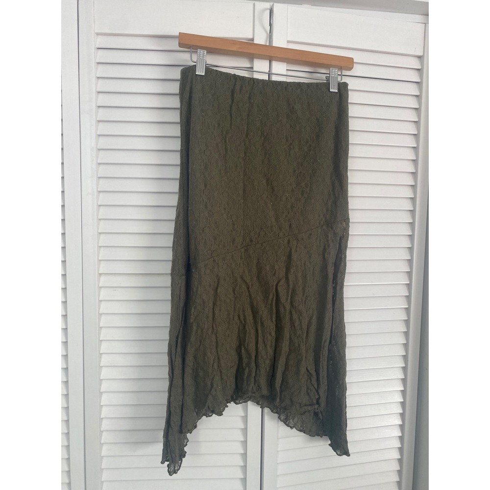 No Boundaries Olive Green Floral Lace Handkerchief Hem Midi Skirt Medium 8-10
